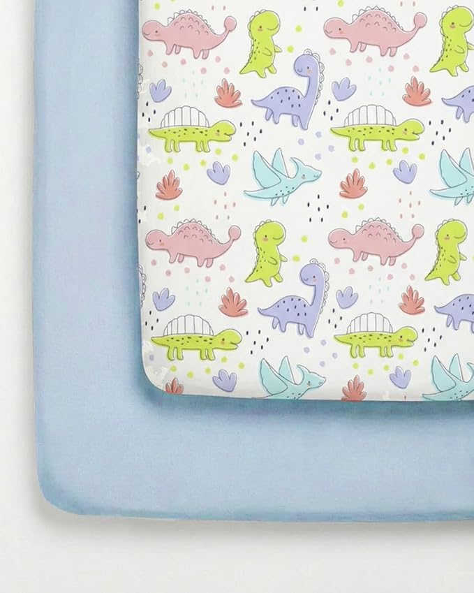 Pack and Play Sheets Fitted - 2 Pack Mini Crib Sheets for Pack N Play Mattress - Unisex Playard Microfiber Bedding for Boys & Girls - Soft, Breathable and Wrinkle Free - Oeko-Tex, 38 x 26in - Dinos