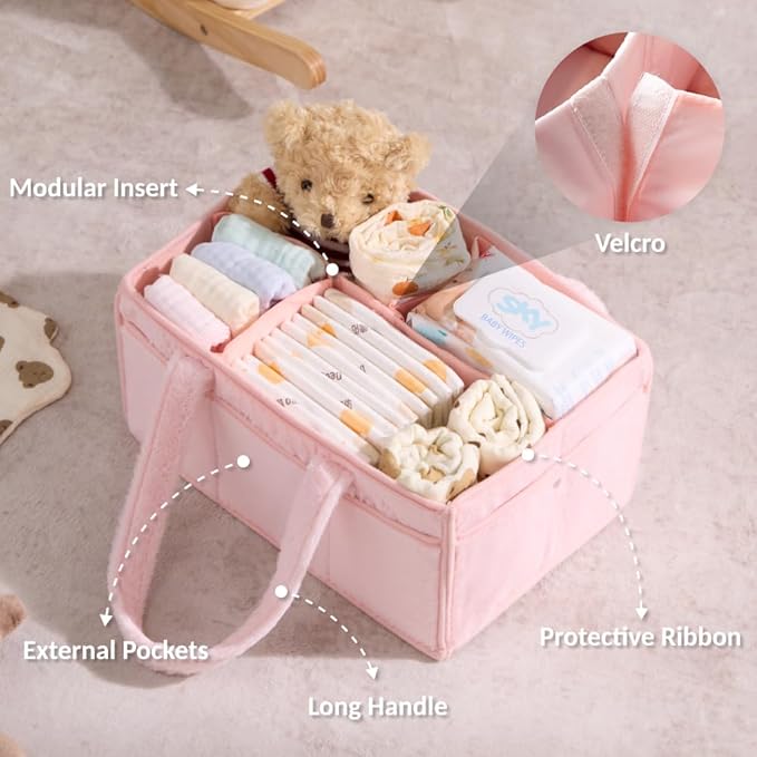 luxury little Soft Baby Diaper Caddy Organizer, Nursery Storage Basket with Removable Divider, Portable Baby Diapers Basket, Gifts for New Parent, Baby Shower (Light Pink)