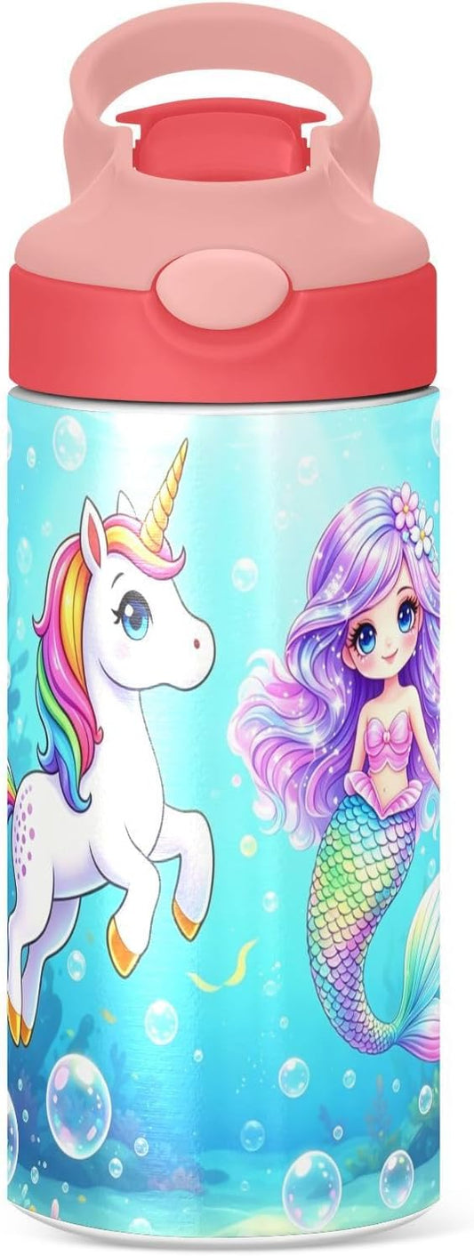 Unicorn Cat with Wings Insulated Water Bottle 20 oz with Straw and Carry Handle Galaxy Space Stars Boys Girls Bottle Vacuum Stainless Steel Bottles Leak-Proof for Sports Travel and School