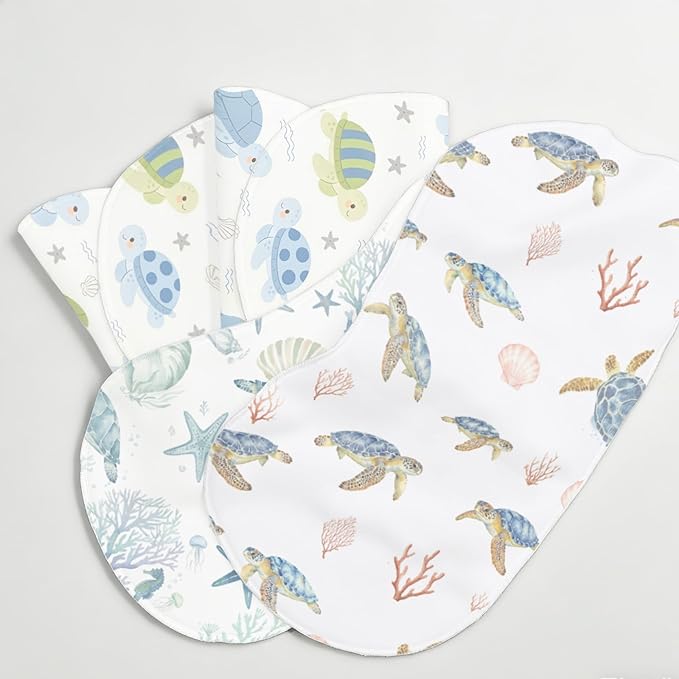 4 Pack Baby Burp Cloths for Boys Girls, Soft Cotton, Ocean Sea Turtle Theme Design, Super Absorbent Baby Burping Cloths for Newborns, Machine Washable and Reusable Baby Spit-Up Cloths