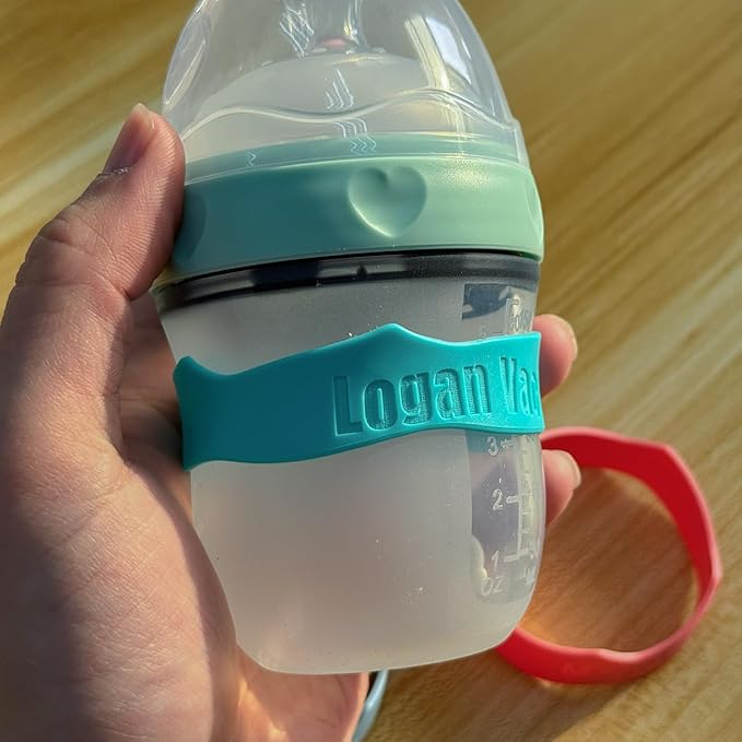 4 Pack Baby Bottle Labels Personalized, Custom Silicone Water Bottle Name Bands for Daycare Reusable, Laser Engraving Bottle Name Tags, Waterproof Customized Kids Cups Grip Straps for School