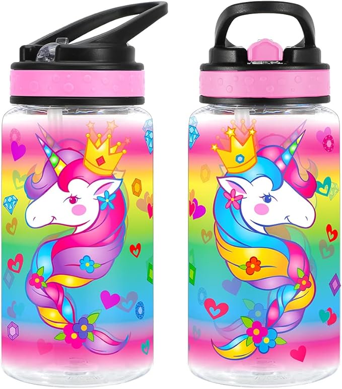 15oz Water Bottle for Kids Girls Boys School, BPA Free, Leak Proof Flip Straw, Carry Loop, Easy Clean - Unicorn