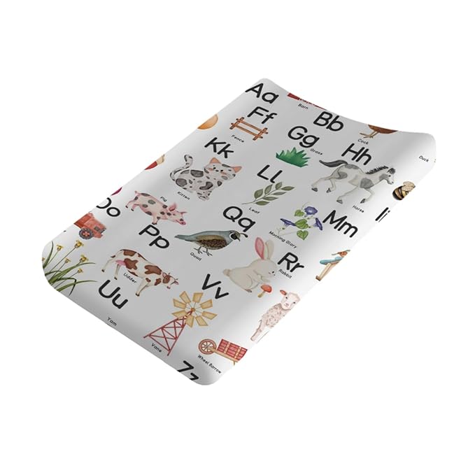 Funny Farmhouse Animals Life Changing Pad Cover Cute Farm Life ABC Learning Fitted Baby Changing Table Sheets for Boys Girls Soft Stretchy Diaper Changing Table Mats 32''x16''
