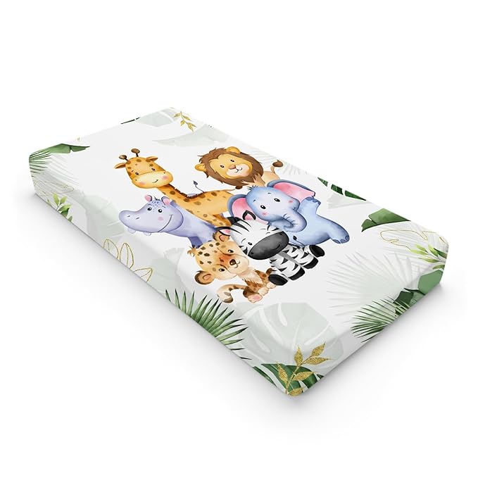 Jungle Safari Animals Tropical Leaves Flowers Changing Pad Cover Lion Elephant Zebra Giraffe Hippo Change Table Covers for Boys Girls Soft Stretchy Diaper Changing Mat Sheets Cover 32''x16''