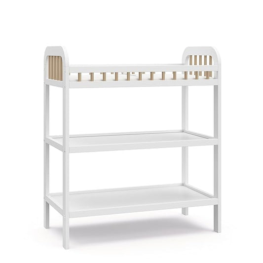 Storkcraft Pasadena Changing Table with Water-Resistant Changing Pad (White with Driftwood) - GREENGUARD Gold Certified, Includes Bonus Water-Resistant Changing Pad with Safety Strap, 2 Open Shelves