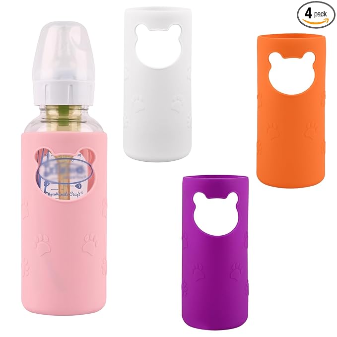 4 Pack Silicone Sleeves for Dr Brown's Glass Baby Bottles, Anti Breakage Baby Bottle Holder, Compatible Dr. Brown's Natural Narrow Glass Baby Bottles 8 oz, BPA Free (White+Pink+Purple+Orange)