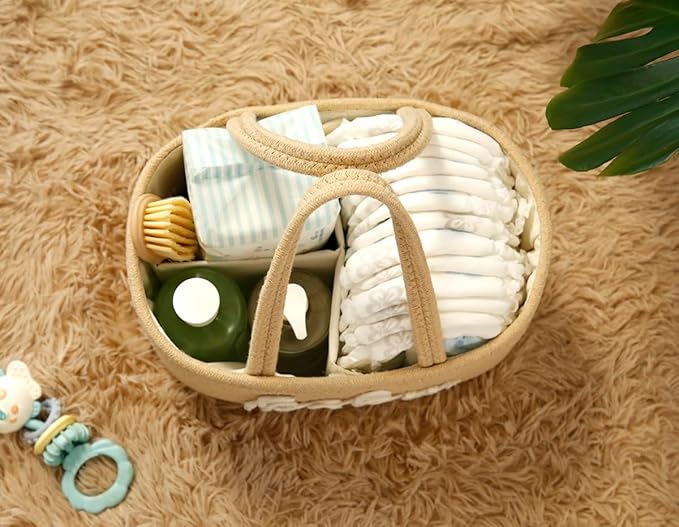 Baby Diaper Caddy Organizer, Nursery Storage Bin Basket for Baby Shower and Baby Wipes- Cotton Rope Portable Diaper Bag for Changing Table, Newborn Essentials Gift-Tan