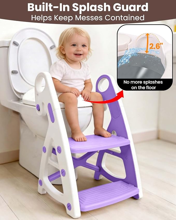 Potty Training Seat, Primlect Upgrade Ultra-Stable Toddler Toilet Seat for Kids Boys Girls, 2 in 1 Potty Training Toilet with Step Stool, Adjustable Seat and Ladder, Non-Slip Pad, Splash Guard(Purple