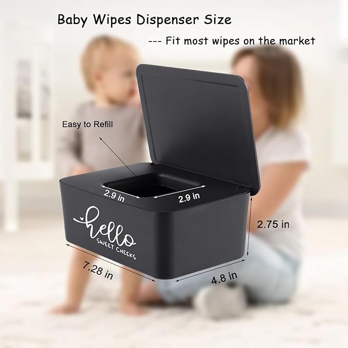 Baby Wipes Dispenser for Bathroom Hello Sweet Cheeks Refillable Flushable Wipes Holder Container with Sealing Design Lid 7.28" L x 4.80" W x 2.75" H (Black)