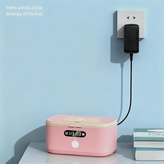 Wipe Wamer for Vehicle and Home Use, Baby Wet Wipes Dispenser and Diaper Wipe Warmer with Night Light,Temperature Display,No Need Water and Sponge, ℉ and ℃ Convertible (Pink, 110-240V)