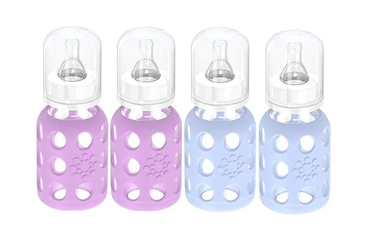 Lifefactory Glass Baby Bottle BPA Free | Protective Silicone Sleeve | 4 oz Pack of 4 | Blanket, Lavender