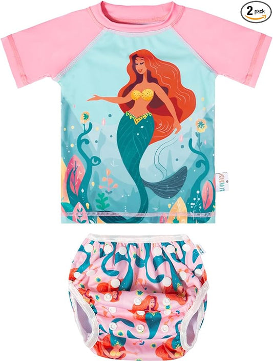 ALVABABY Baby Girl Swimsuit, 2-Piece Infant Toddler Bathing Short Sleeve Swimwear, Large Baby Reusable Swim Diaper with Matching Top