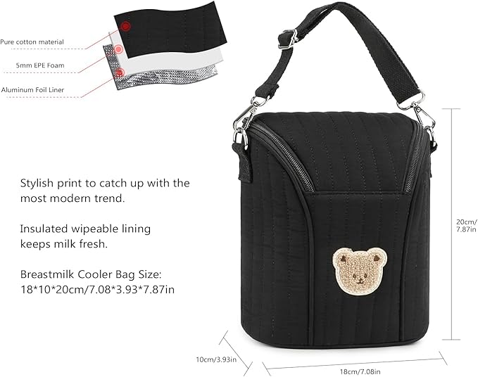 Lmbabter Embroidered Bear Stroller Organizer Tote Bag, Bottle Insulation Pouch, Portable Cooler Storage Essential for Milk/Breast Pump,Baby Travel Supplies (Black)