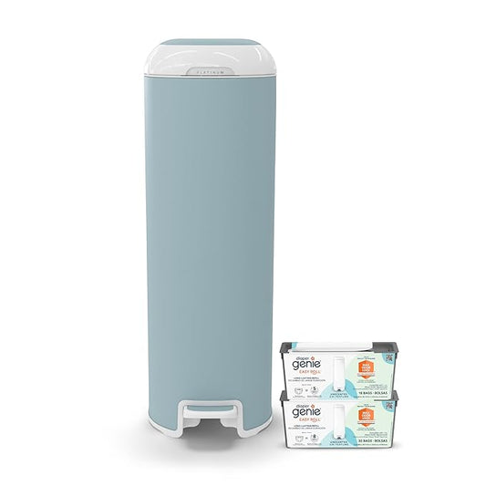 Platinum Diaper Pail Glacial Blue, Made of Durable Stainless Steel, Convenient Easy to Use Hands-Free Operation, Odor-Locking Pail, Includes 2 Easy Roll Refill with 18 and 30 Durable Bags