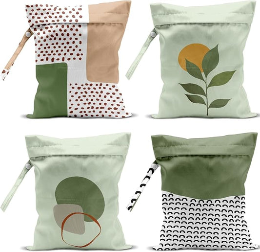 4 Pack Boho Green Abstract Botanical Wet Bag Waterproof Washable Reusable Wet Dry Bag for Swimsuit Dirty Clothes Diaper Travel Beach Pool Gym Camping Toiletries Beach Essentials，Modern Nordic Style