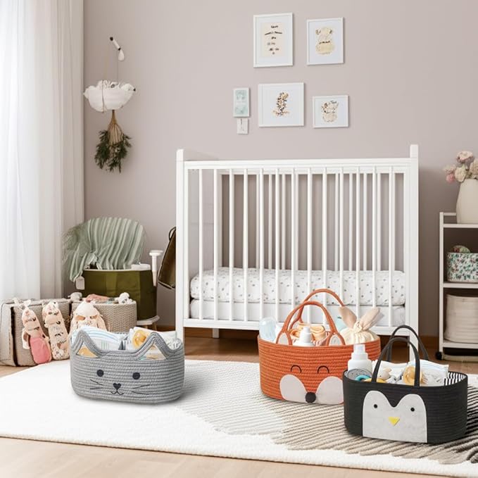 T&T Homewares Diaper Caddy Organizer, Cotton Rope Diaper Caddy Basket, Baby Shower Basket, Nursery Storage Bins, Newborn Caddie- Cat, Fox, Penguin (Grey Cat)