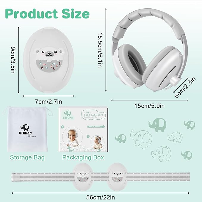 BEBOAN 2-in-1 Baby Ear Muffs Noise Protection for 0-36 Months, Noise Cancelling Headphones for Infant, Newborn Ear Protection for Airplane Travel, Toddler Sound Proof