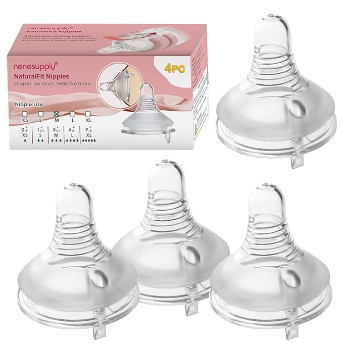 Nenesupply 4pc NaturalFit Baby Bottle Nipples. Level 3 Flow 3 Size M Nipple for 3 Month+ Babies. Medium Flow Wide Neck Nipple Anti Colic Vented Work with Nenesupply Bottles Lansinoh Spectra Bottles