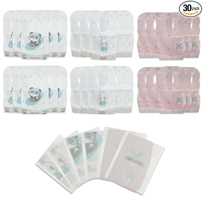 30 Pcs Disposable Bibs, Individually Packaged with Catcher and Leakproof Liner for Toddler Feeding, Baby Travel Essential for Girls