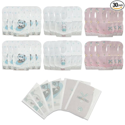 30 Pcs Disposable Bibs, Individually Packaged with Catcher and Leakproof Liner for Toddler Feeding, Baby Travel Essential for Girls
