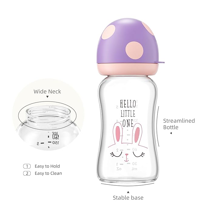 YOHKOH Natural Glass Baby Bottle with Level 1 Slow Flow Nipple, Newborn Anti-Colic Baby Bottles, Wide Neck Mushroom Baby Glass Bottle ((5.4oz (Pack of 4), Purple)
