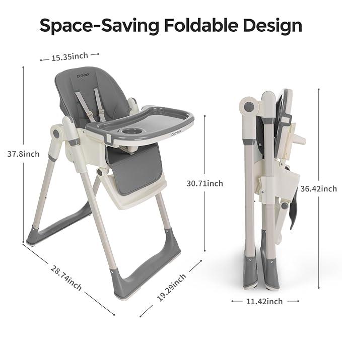 Cochildor 3-in-1 Foldable High Chair for Babies & Toddlers – Adjustable Height, Reclining Seat, 5-Point Safety Harness, Removable Tray, Lockable Wheels, Washable Cushion – Portable & Easy Clean, Gray