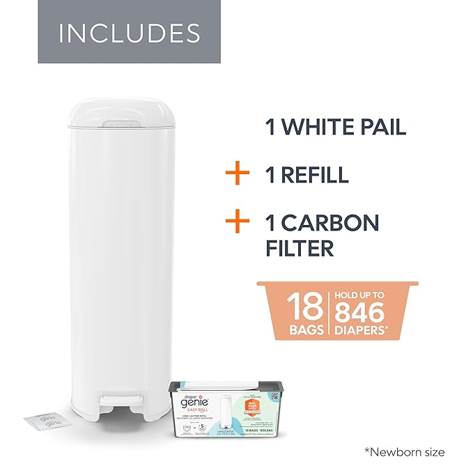 Diaper Genie Platinum Pail (Lily White) is Made in Durable Stainless Steel and Includes 1 Easy Roll Refill with 18 Bags That can Last up to 5 Months.