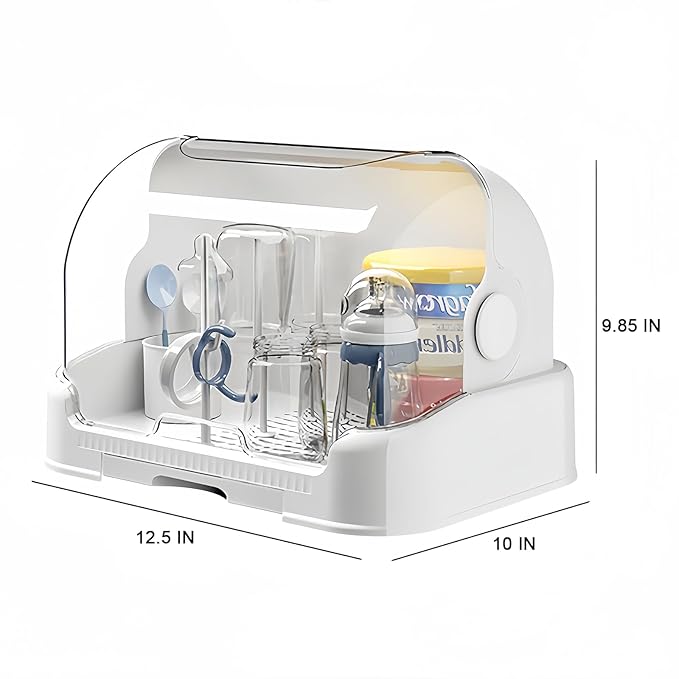 Baby Bottle Drying Rack Storage, Nursing Bottle Storage Box Organizer with Cover, Portable Kitchen Cabinet Organizer, Durable countertop Dryer (White)