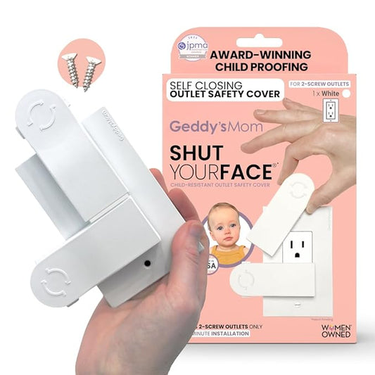 Self-Closing Outlet Cover Plate System by Geddy’s Mom – Automatic Child Safety that Covers Outlets When Unplugged, Shut Your Face, Easy Install, Award-Winning Baby Proofing for 2-Screw Decora Outlets