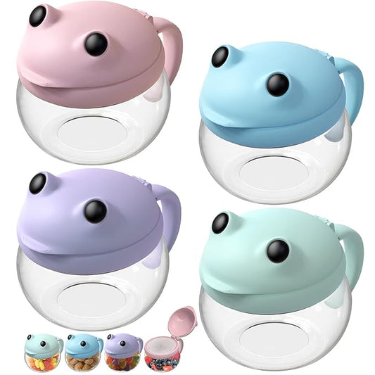 4 Pack 12.3 Oz Snack Cups for Toddlers Spill Proof Food Grade Tritan Baby Snack Container with Cute Frog Lid and Handle PVC Free Kids Snack Catcher Fit for On-The-Go