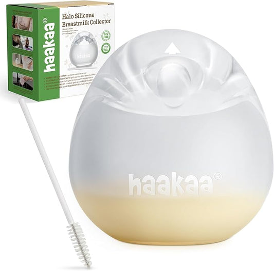 haakaa Halo Silicone Breast Milk Collector - Wearable Manual Breast Pump for Breastfeeding, Hands Free Reusable Breast Milk Shells with Cleaning Brush - 3oz/90ml, 1 Count
