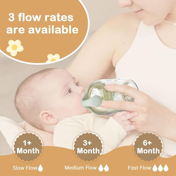 4 Pack Bottle Nipples Compatible with Natural Bottle, Replacement Soft Silicone Nipples, Breast-Like with Anti-Colic Valve (L, Fast Flow)