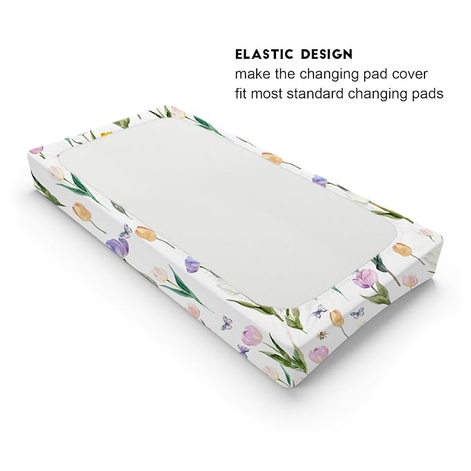 Watercolor Tulips Bees Butterflies Changing Pad Covers Boho Spring Floral Diaper Change Table Pad Sheets for Baby Girl Wild Flowers Soft Breathable Stretchy Snug Fitted Changing Table Mats 32''x16''