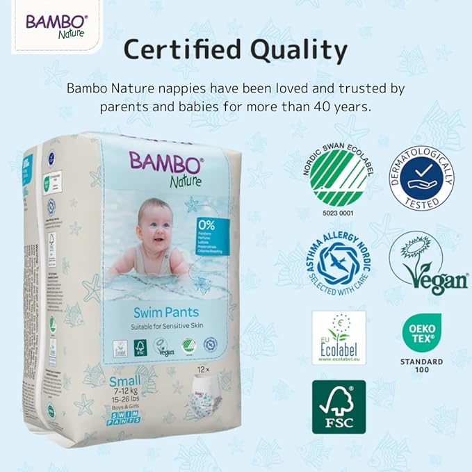 Bambo Nature Hypoallergenic Swim Pants, Eco-Labeled Swim Diapers, Double Leak Barriers - Small (120 Count)