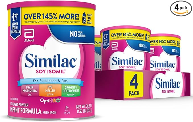 Similac Soy Isomil Infant Formula, for Fussiness & Gas, Plant-Based Protein, Infant Formula Powder, 30.8-oz Value Can, Pack of 4