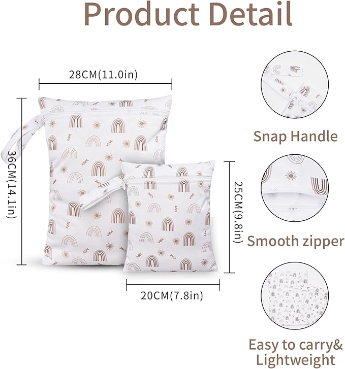 2 Pcs Wet Bags Waterproof Reusable Zippered Pocket Cloth Diaper Wet Dry Bags for Travel Beach Pool Swim, Baby Diapers,Gym Yoga Wet Clothes,Swimsuit,water wipes(Rainbow Plant)