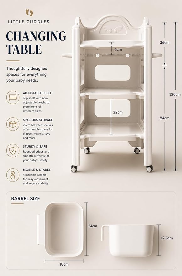 Heavy-Duty Baby Changing Table with Storage & Adjustable Height – Waterproof HDPE Diaper Changing Station for Nursery & Daycare, Removable Care Basin
