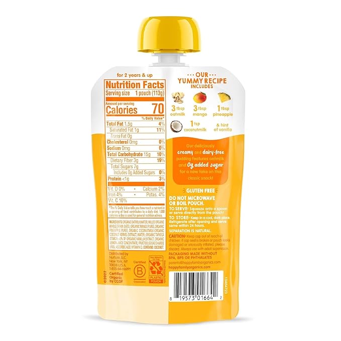 HAPPYTOT Organics Oatmilk Pudding, Dairy-Free, Stage 4 Toddler Snack, Oatmilk, Mangos, Pineapples & Coconutmilk, 4 Ounce Pouch, Pack of 16