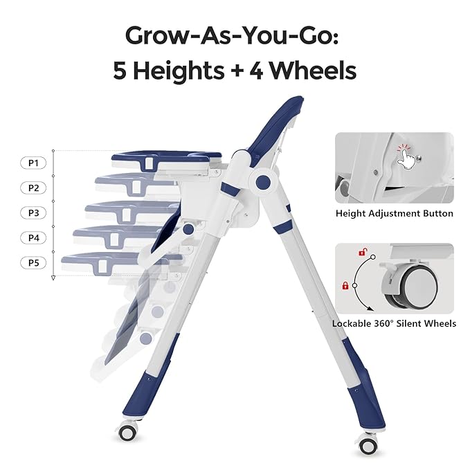 Cochildor 3-in-1 Foldable High Chair for Babies & Toddlers – Adjustable Height, Reclining Seat, 5-Point Safety Harness, Removable Tray, Lockable Wheels, Washable Cushion – Portable & Easy Clean, Blue