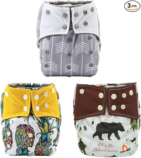 3 AIll in One Cloth Diapers Nappies for Night AIO Sewn in Insert Reusable Washable (Arrow Pineapple Pack)