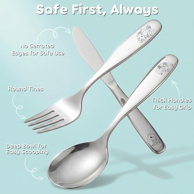 Lehoo Castle Kids Silverware 6-Piece | Stainless Steel Toddler Utensils with Spoons and Forks Knife, Children Safe Flatware for Self Feeding (Mermaids)