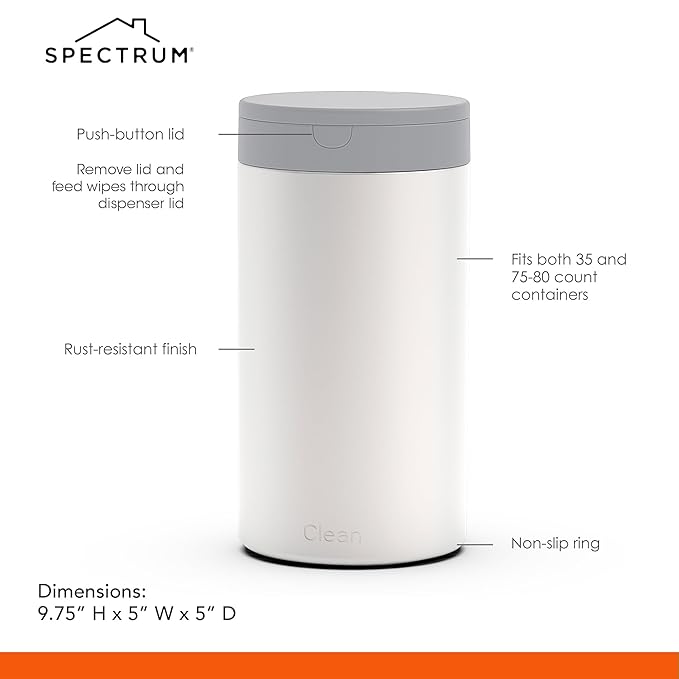 Spectrum Disinfecting Wipes Container Large White Refillable Stainless Steel Wipe Holder for Bathroom Kitchen, Classroom, Reuseable Push Button Wet Wipe Dispenser for Disinfect Cleaning Countertop