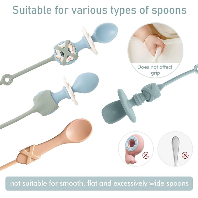 Toddler Utensils，Silicone Stretch Lids for Fork and Spoon,Holder Strap Food Grade Silicone Keep Fork and Spoon Off The Floor Great for Baby and Kids Dishwasher Safe(Green and Blue)
