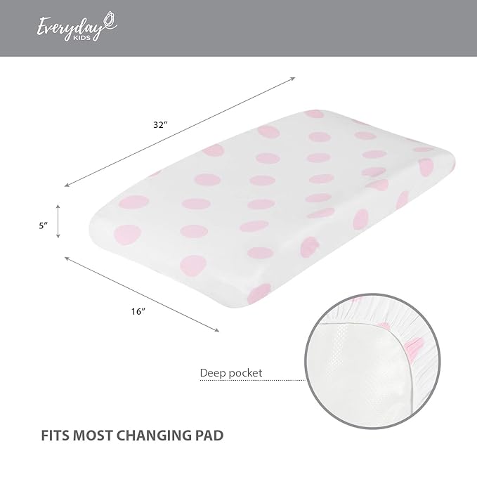 EVERYDAY KIDS 2 Pack Baby Changing Pad Covers for Baby Girl – Fits Most Changing Table Pads; 100% Cotton Jersey Knit, Breathable, Soft Changing Table Topper – Pink and White Hearts and Polka Dots