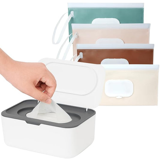 Wipes Dispenser with 4 Pack Portable Baby Wipe Case, Wipe Holder for Baby & Adult, Seposeve Refillable Wipe Container, Keeps Wipes Fresh, Easy Open/Close Wipes Pouch Case, Grey + 4 PureColor