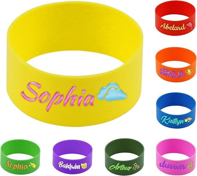 6 Pcs Personalized Water Bottle Name Bands, Reusable Bottle Labels, Elastic Silicone Daycare Labels Washable Bottle Tag Printable Name Sippy Cup Strap