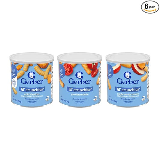 Gerber Lil Crunchies Variety Pack, 2 Garden Tomato, 2 Apple Sweet Potato, 2 Mild Cheddar, 1.48 OZ each (6 CT)