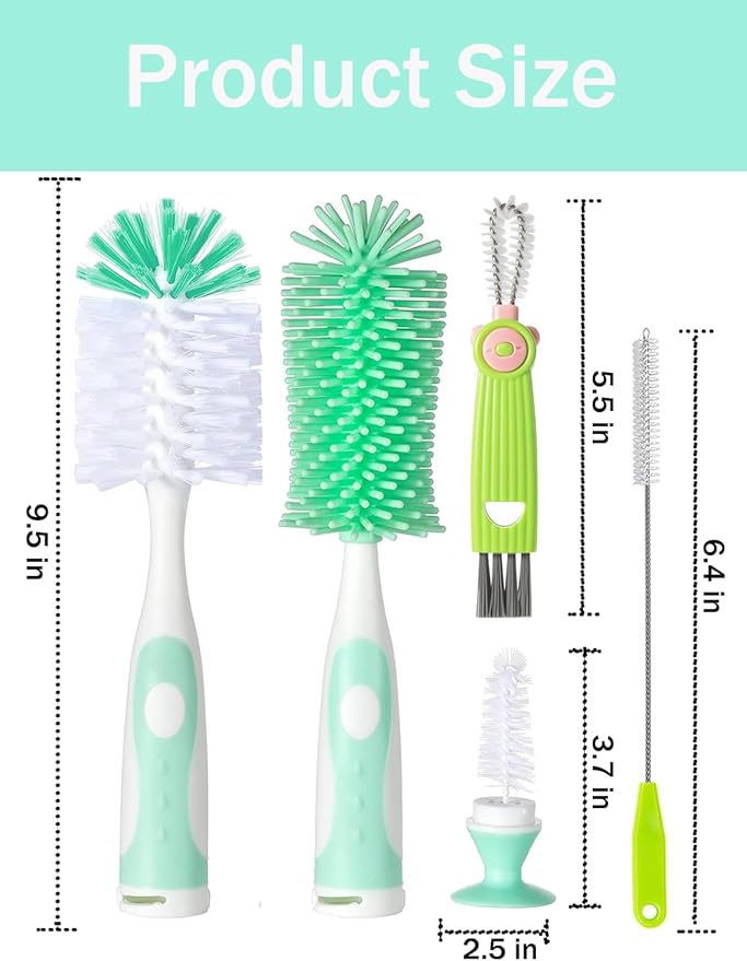 Baby Bottle Brush, 5 in 1 Bottle Cleaner Brush Set with Nylon and Silicone Bottle Brush, Straw Brush, Bottle Brush with Nipple Cleaner and Suction Cup, Cup Lid Cleaner Brushes Kit, BPA-Free (Green)
