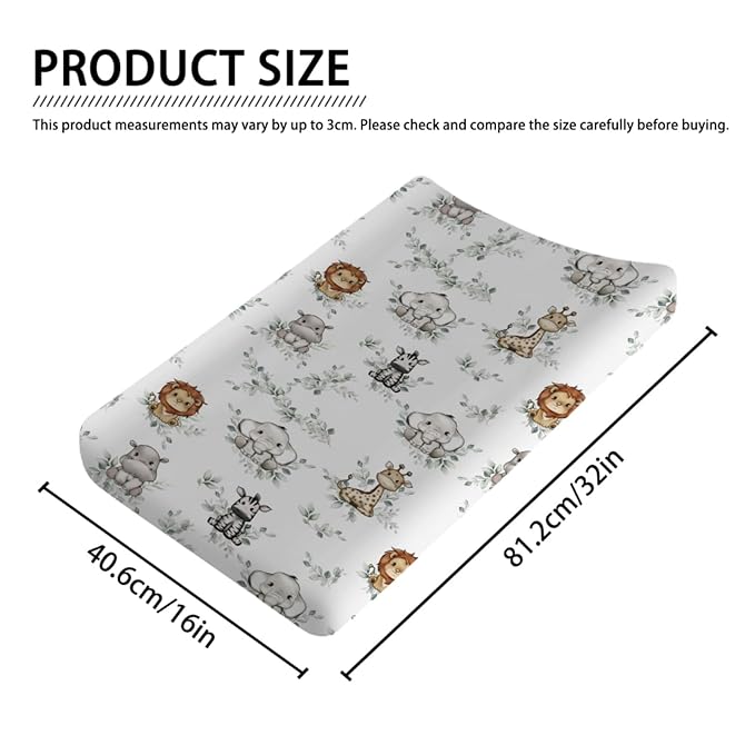 Baby Jungle Safari Animals Boho Leaves Changing Pad Covers Elephant Giraffe Zebra Lion Hippo Diaper Change Table Sheets for Girls Boys Soft Stretchy Snug Fitted Changing Mats Cover 32''x16''