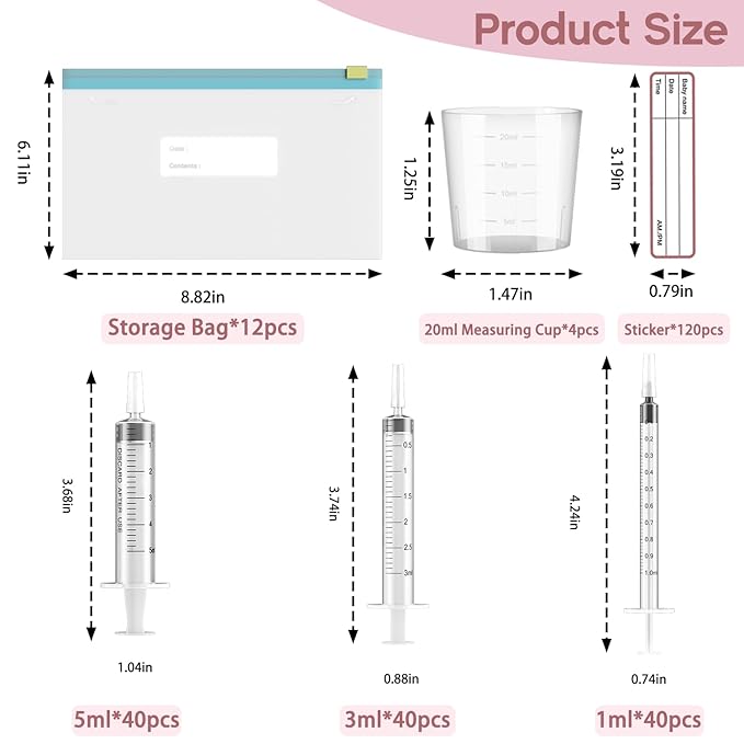 120 Sets 1/3/5ml Colostrum Collector Kit Include No Needle Colostrum Syringes with Caps 1/3/5mlx60, Stickerx120, 20ml Measuring Cupx4, Ziplock Storage Bagx12 for Breastmilk Collector